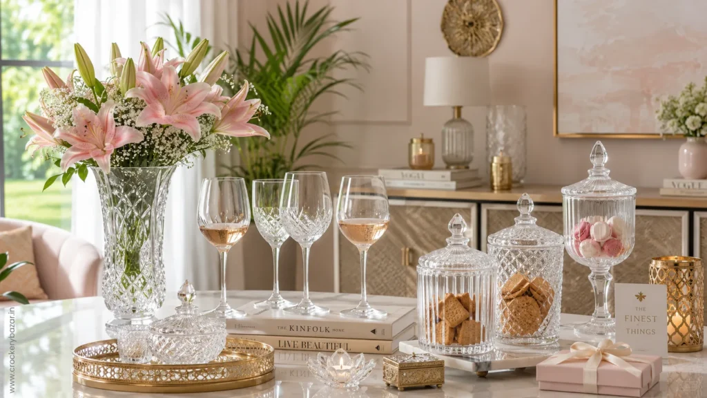 Premium glassware, drinkware and home décor items arranged as elegant gift ideas for special occasions