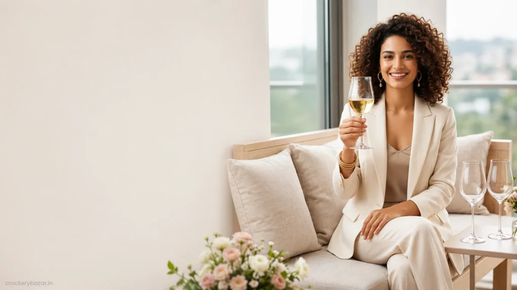 Woman holding an elegant wine glass with wine glasses displayed in front, showcasing a thoughtful gifting idea