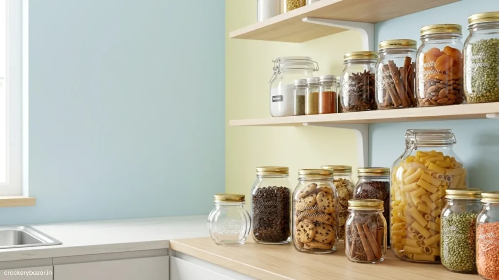 Glass storage jars neatly arranged on kitchen shelves for smart kitchen organization and food storage