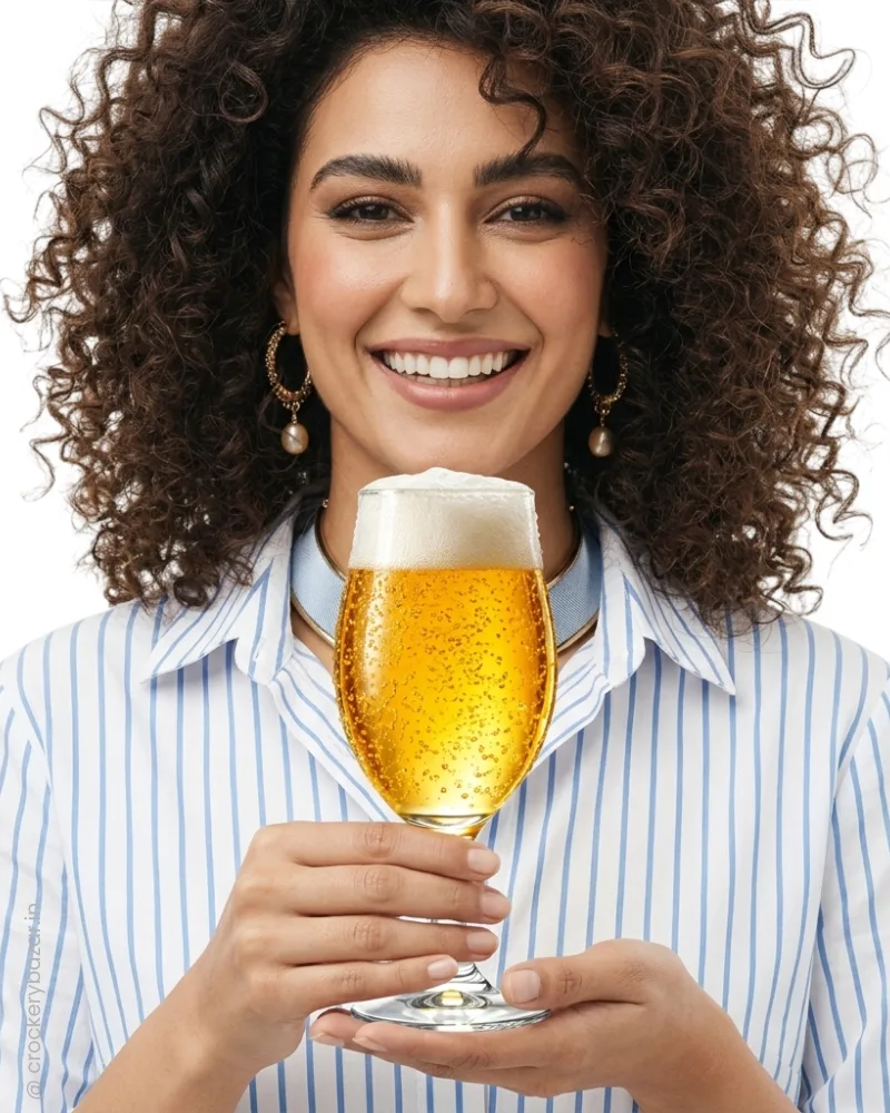 Woman holding a 545 ml beer glass to demonstrate proper glassware selection