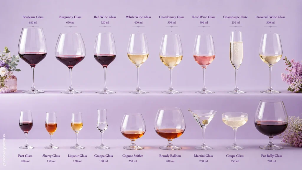 Comprehensive wine glass types guide infographic showing various glassware shapes and sizes for red, white, and sparkling wine