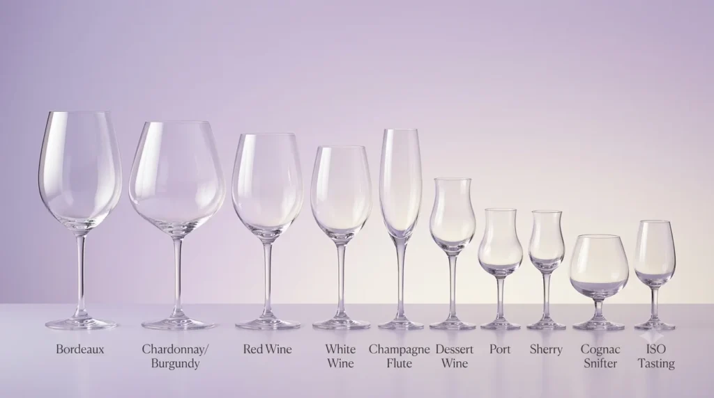 A side-by-side comparison of various wine glass types, including Bordeaux, Burgundy, white wine, champagne flutes, port, and cognac snifters.