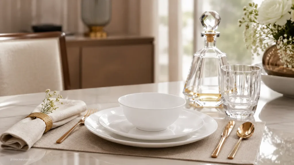 Basic place setting for guests with dinner plate, bowl, cutlery, drinking glass, napkin and table décor in a modern home dining room.