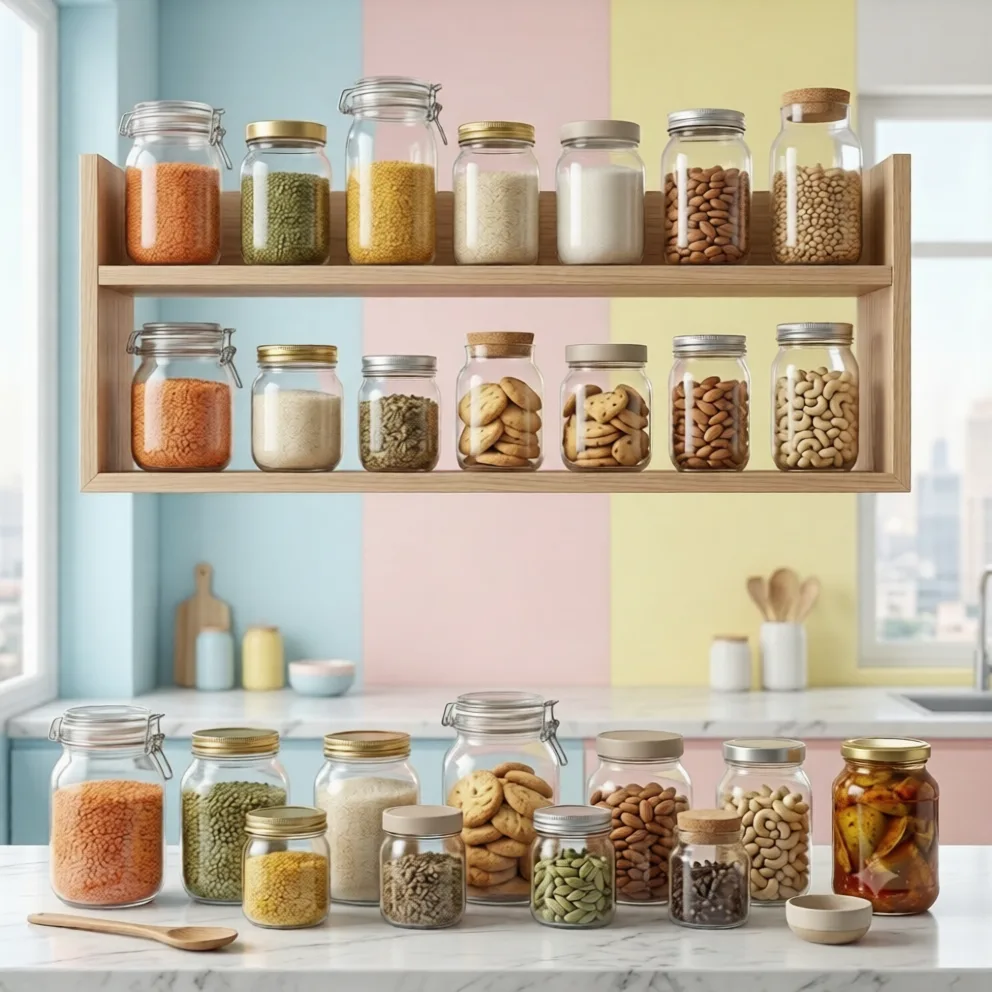 Collection of various clear glass jars filled with colorful dried goods like lentils, spices, cookies, and grains arranged on wooden shelves and a kitchen countertop against a striped pastel background.