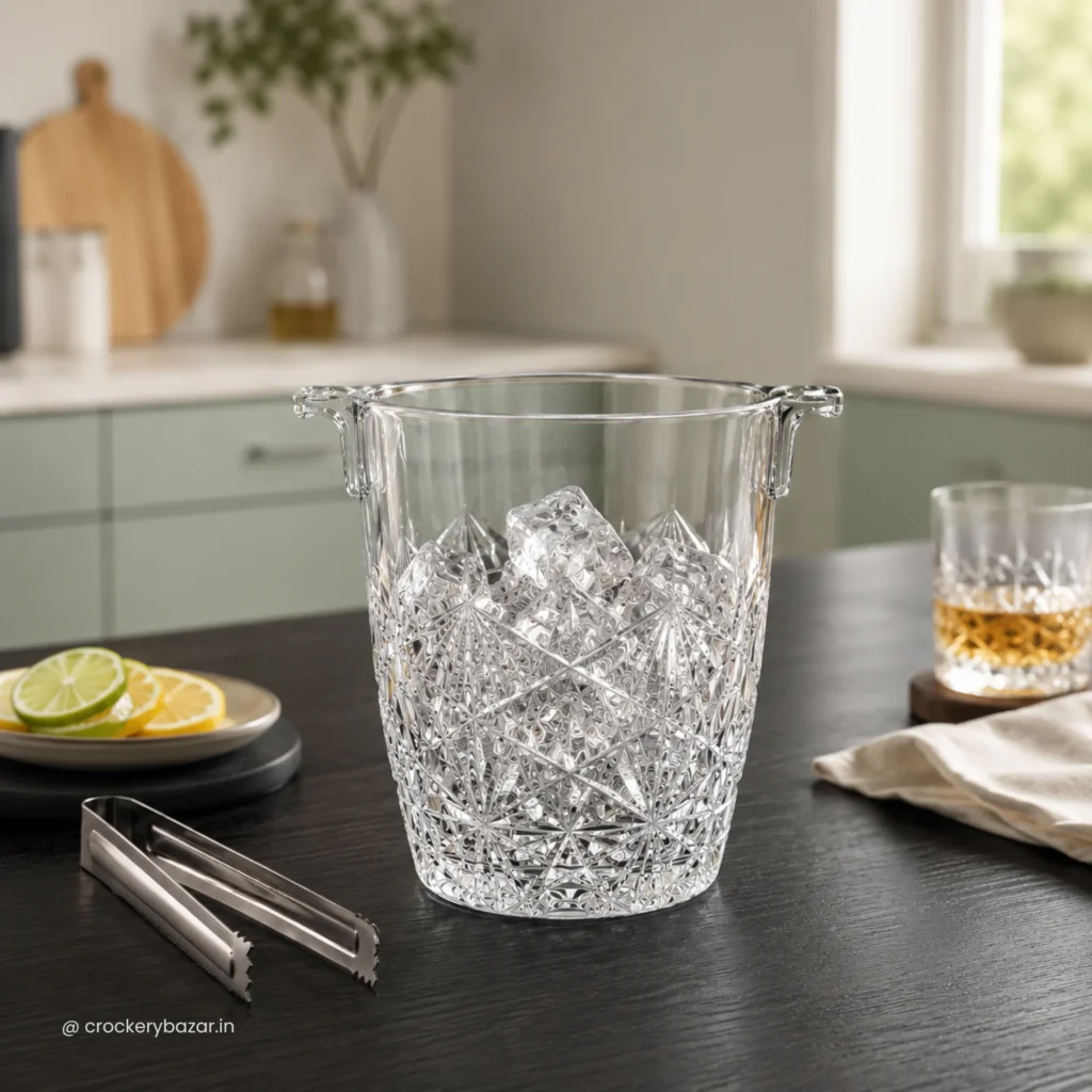 Bormioli Rocco Dedalo Glass Ice Bucket 900ml with stainless steel ice tongs, premium ice bucket for home and glass ice bucket for bar, Made in Italy