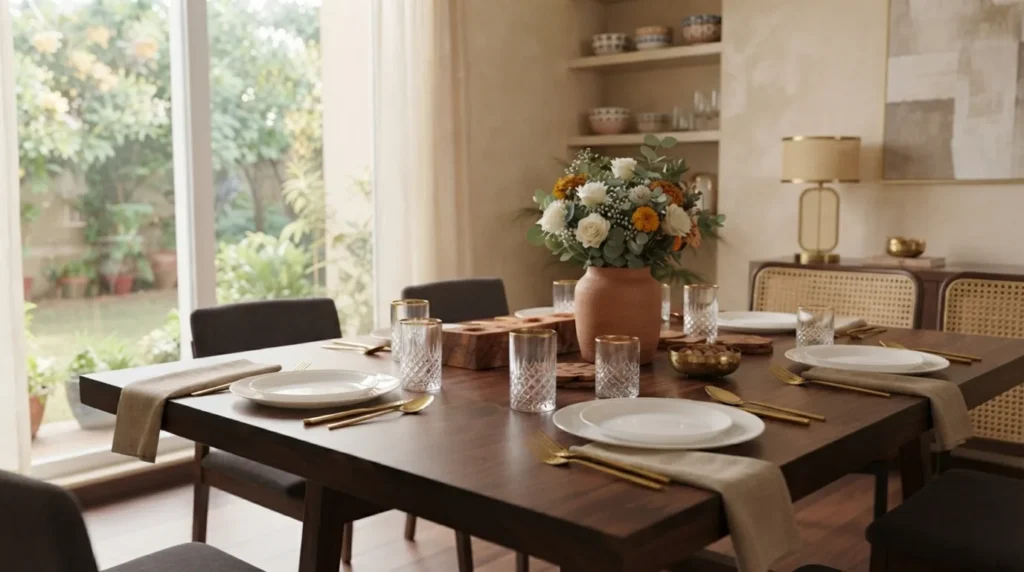 Casual table setting for home guests with coordinated dinnerware, gold cutlery, drinking glasses and a floral centrepiece in a modern dining room.