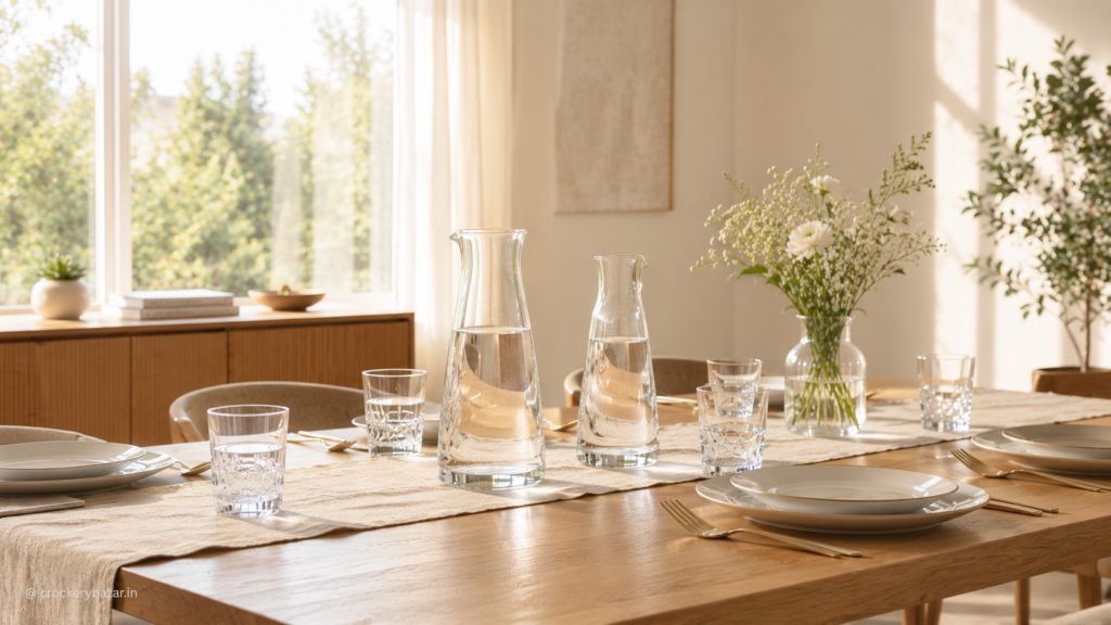 Crystal glass carafes filled with water arranged on an elegant dining table for everyday serving and entertaining guests.