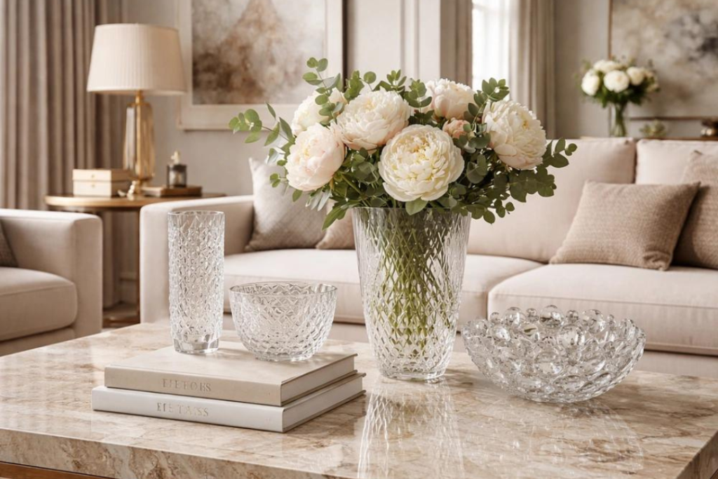 Crystal glass flower vase with white flowers displayed on a living room table alongside matching crystal bowls.