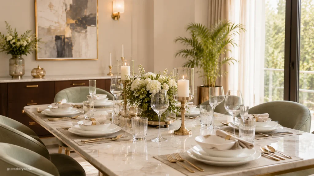 Elegant table setting for guests featuring coordinated dinnerware, glassware, cutlery, candles and floral centrepiece in a modern home dining room.