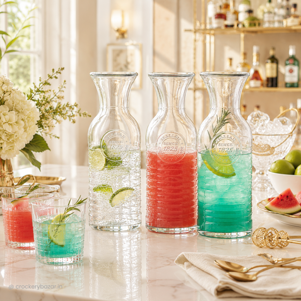 Premium glass carafes filled with refreshing beverages on an elegant home bar countertop for stylish serving.