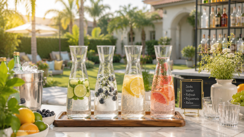 Glass carafes with infused water and refreshing drinks arranged outdoors for a serving and styling guide.