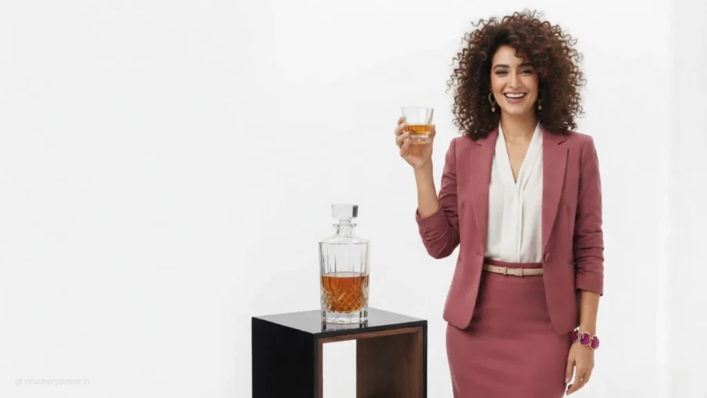 Model holding a premium decanter, illustrating why a decanter is an essential addition to a modern home bar.