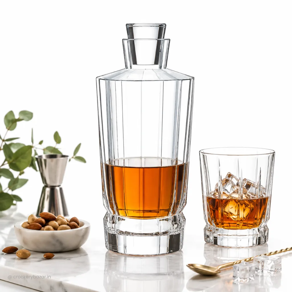 Glass decanter filled with whiskey beside a tumbler, illustrating how a decanter enhances a modern home bar.