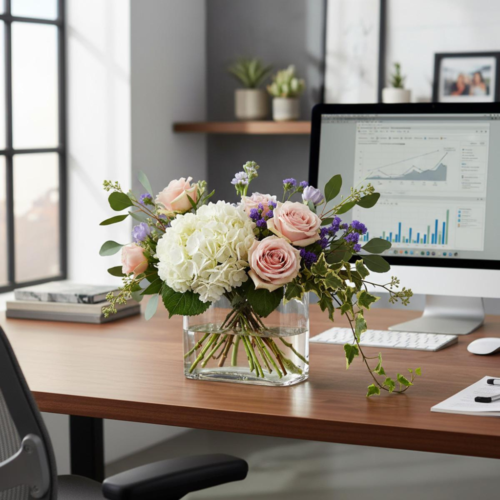 Clear glass flower vase with fresh flowers placed on a modern office desk for workspace décor.