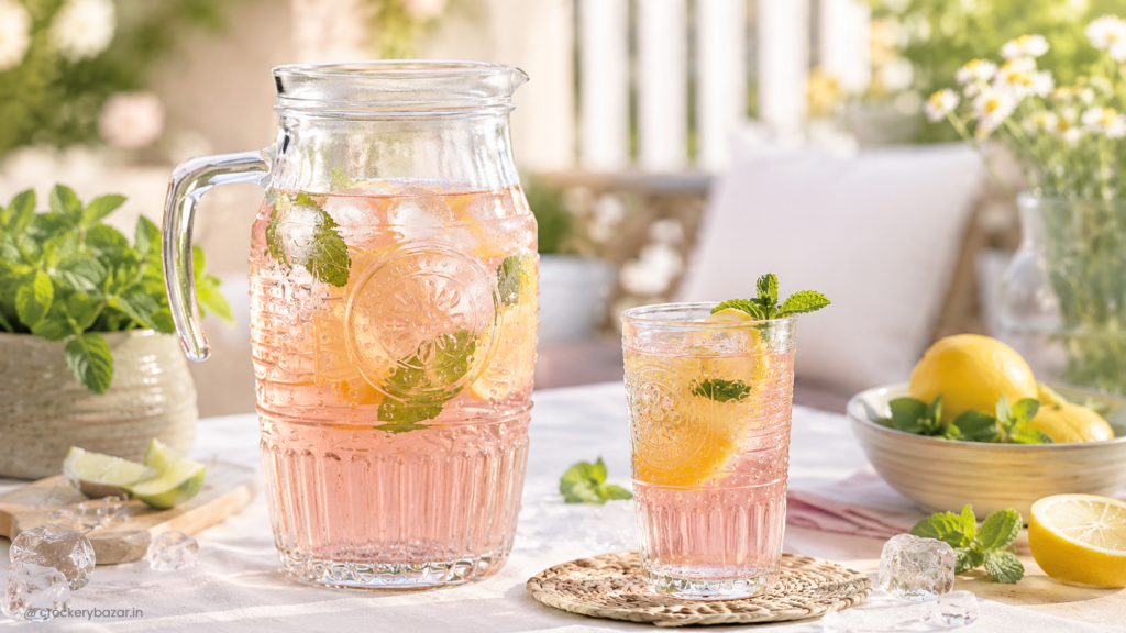 Premium glass jug filled with a refreshing citrus drink served alongside a matching drinking glass in a bright home setting.