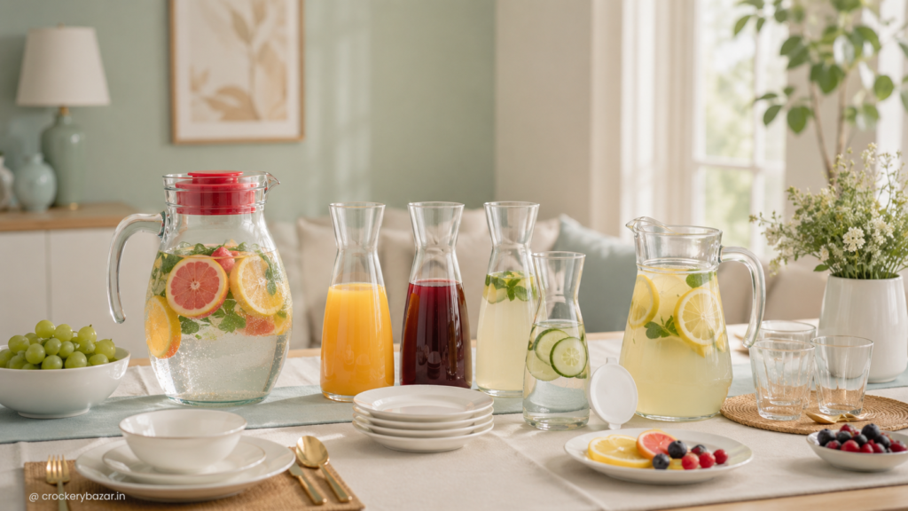 Glass jugs and glass carafes with fresh beverages arranged on a modern dining table for everyday home serving.