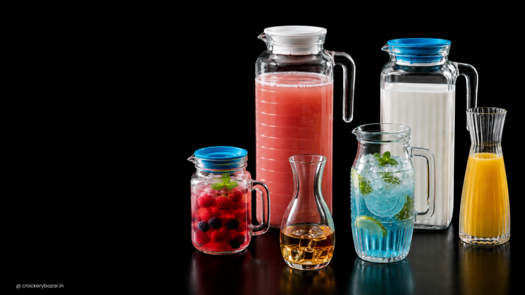 Collection of modern glass jugs and glass carafes used for serving water and beverages in Indian homes