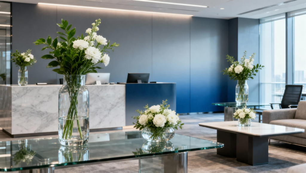 Elegant glass vases placed throughout a modern corporate office lobby with premium interior décor.