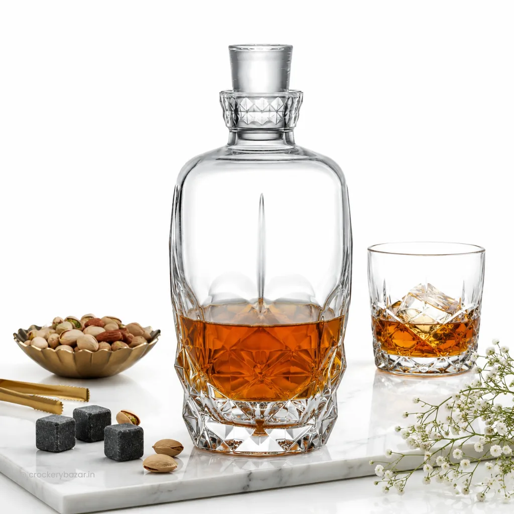 Premium decanter with whiskey beside a crystal tumbler, showing how a decanter enhances the home bar serving experience.