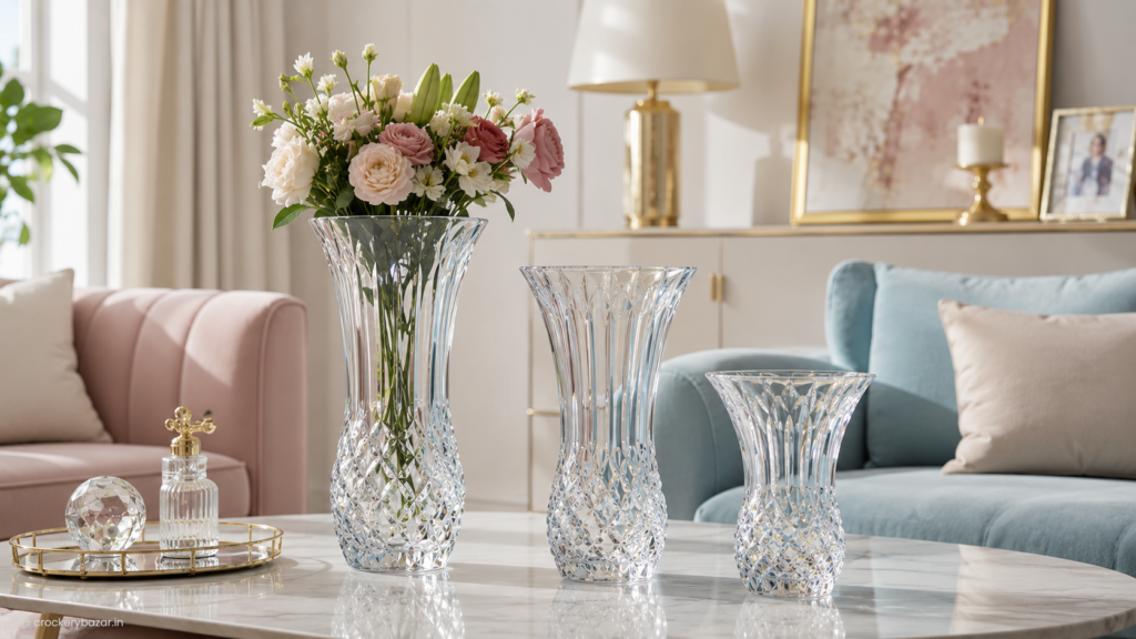 Elegant glass vases with fresh flowers styled in a modern living room for home décor inspiration.