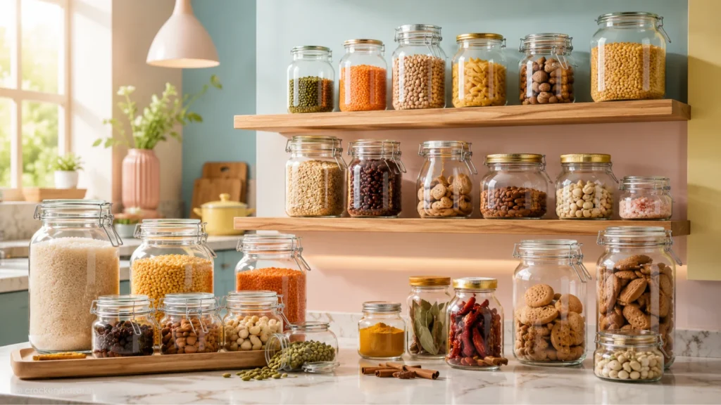 Wooden kitchen counter and floating shelves filled with various sizes of clear glass storage jars containing lentils, grains, cookies, and whole spices