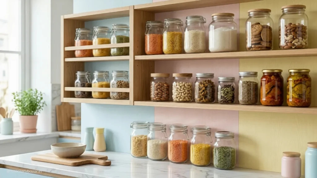 Open kitchen shelving unit displaying assorted glass jars filled with colorful pulses, nuts, and spices against a pastel background .