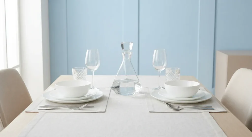 Minimalist table setting for guests with white dinnerware, glassware, cutlery and a water carafe arranged symmetrically on a modern dining table.