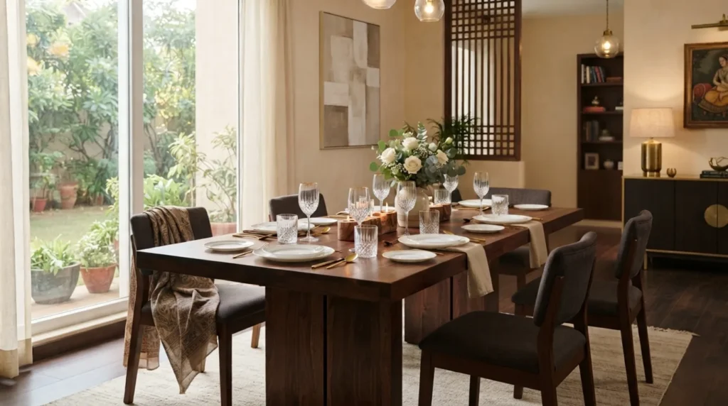 Modern dining table setting for guests with coordinated dinnerware, glassware, cutlery and floral centrepiece in an elegant Indian home.