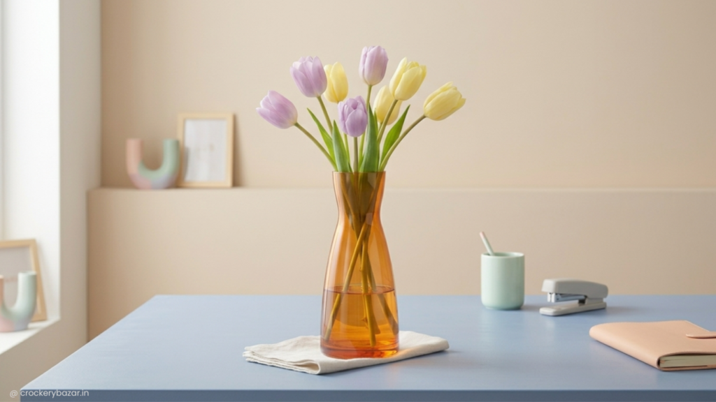 Modern amber glass flower vase with fresh tulips styled for elegant home décor inspiration.