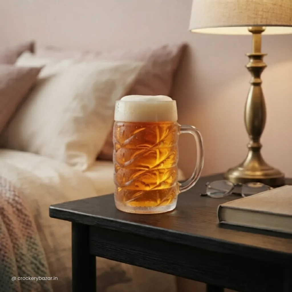 Ober Glass Diamond 1 litre beer mug placed on a bedside table with warm ambient lighting, highlighting its unique diamond-cut design.