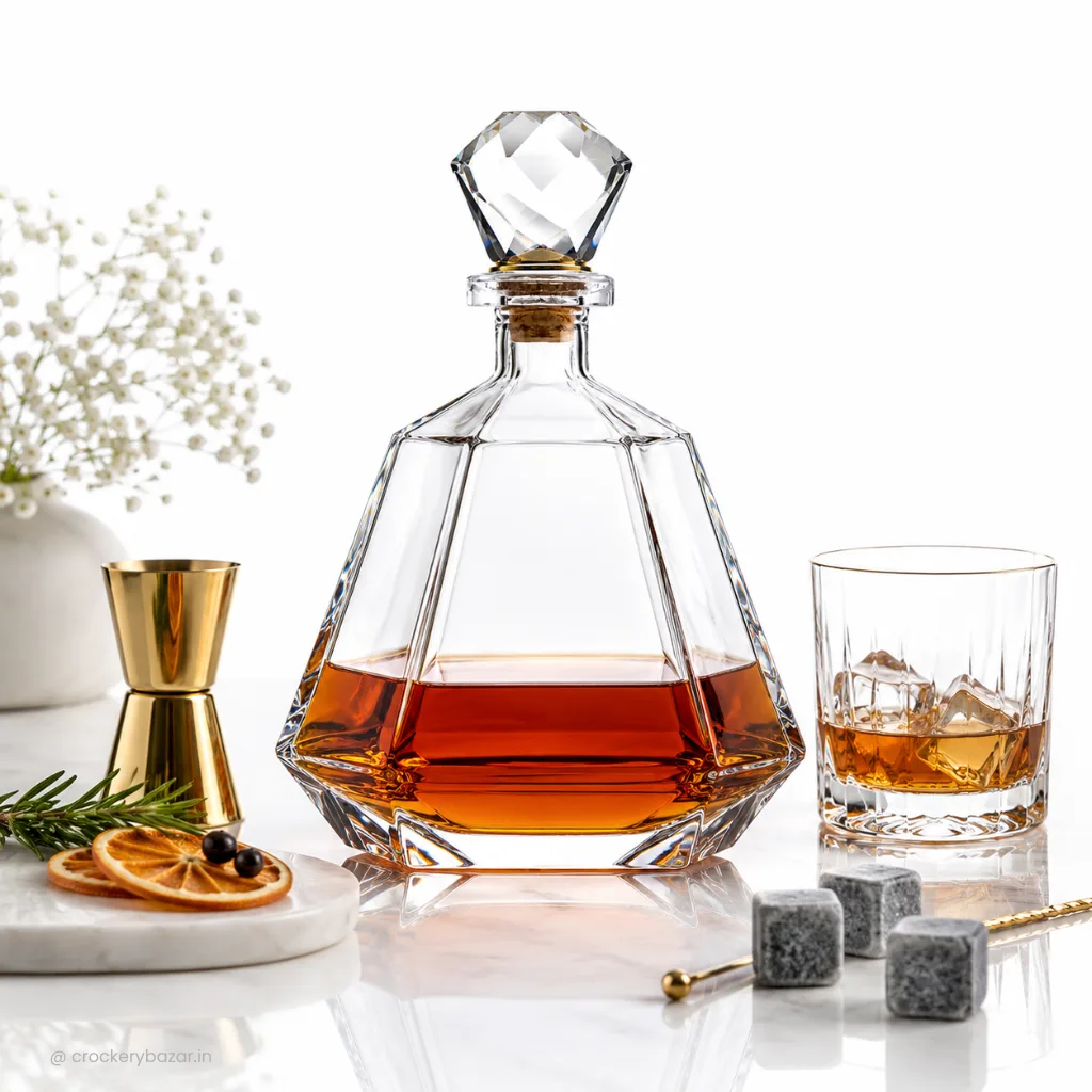 Premium decanter with whiskey beside a tumbler, illustrating the elegance and purpose of a decanter in a modern home bar.