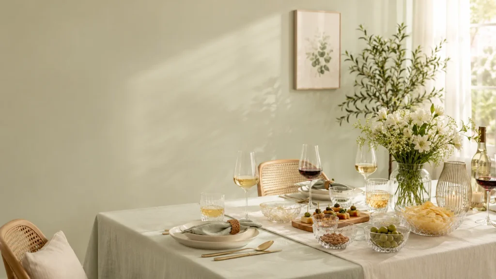 Elegant table setting for guests with dinnerware, glassware, serving bowls and floral décor in a modern Indian home dining room.