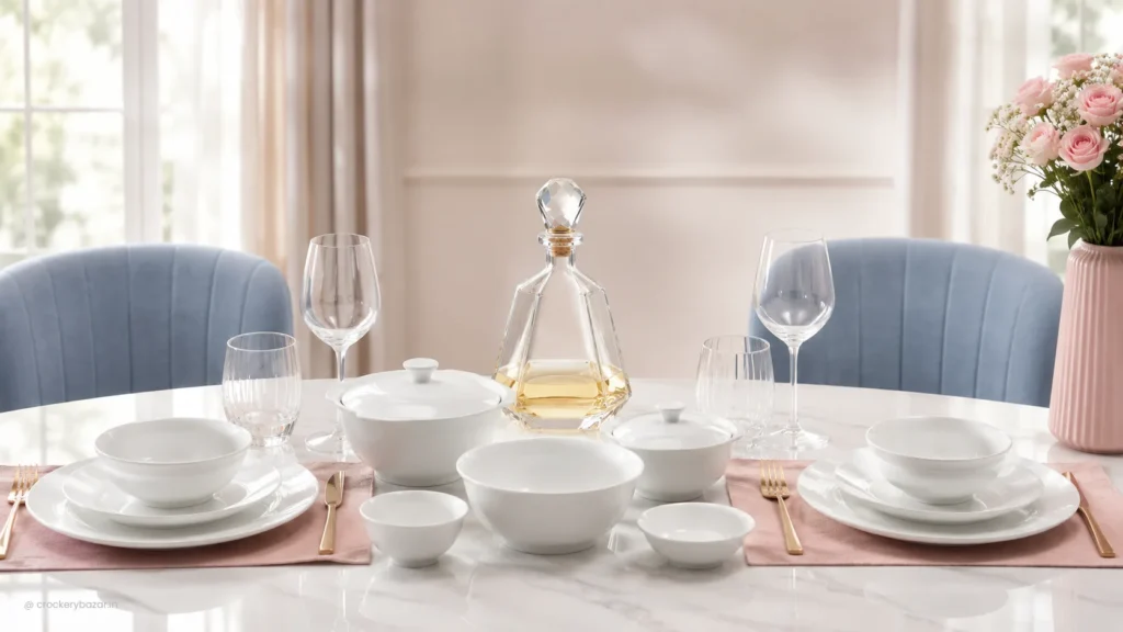 Modern dining table setup featuring elegant tableware, glassware and a decanter in a stylish home dining room for tableware guides.