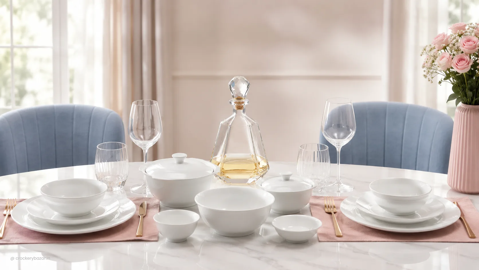 Modern dining table setup featuring elegant tableware, glassware and a decanter in a stylish home dining room for tableware guides.