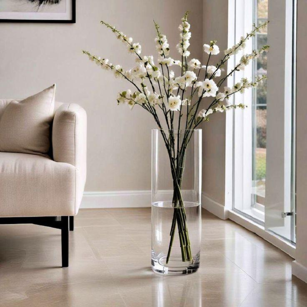 Tall glass floor vase placed beside a sofa in a stylish living room with elegant home décor.