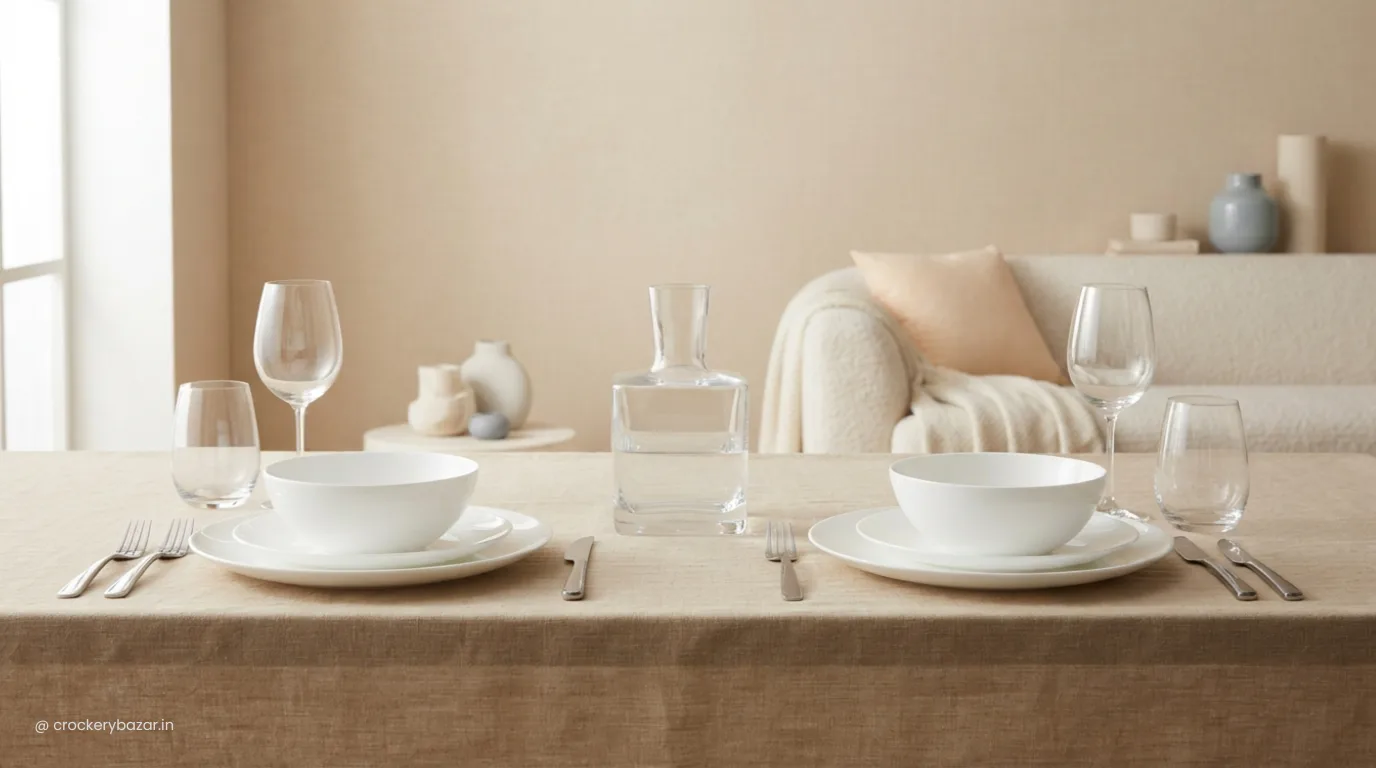 Two-person table setting with coordinated dinnerware, cutlery, glassware and water carafe arranged symmetrically for home dining.