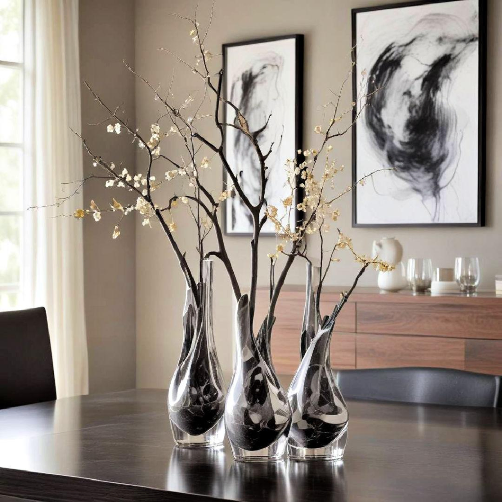 Three uniquely shaped glass vases arranged on a modern dining table in an elegant dining room.