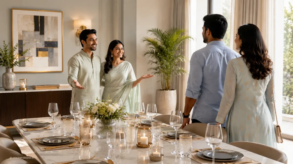Indian couple welcoming guests to an elegantly arranged dining table with coordinated dinnerware, glassware and table décor in a modern home.