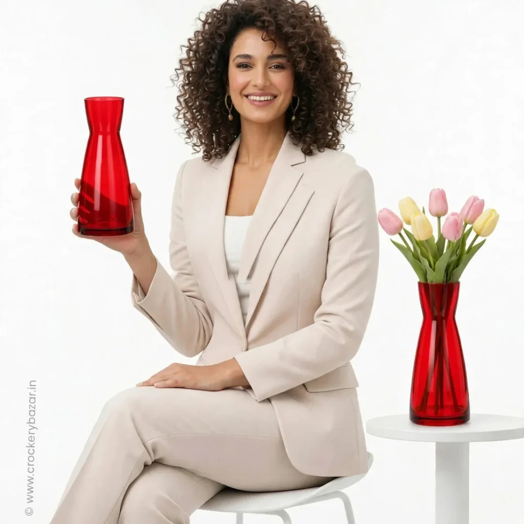 Female model presenting Bormioli Rocco Ypsilon Charming red glass vase 20.6 cm in studio