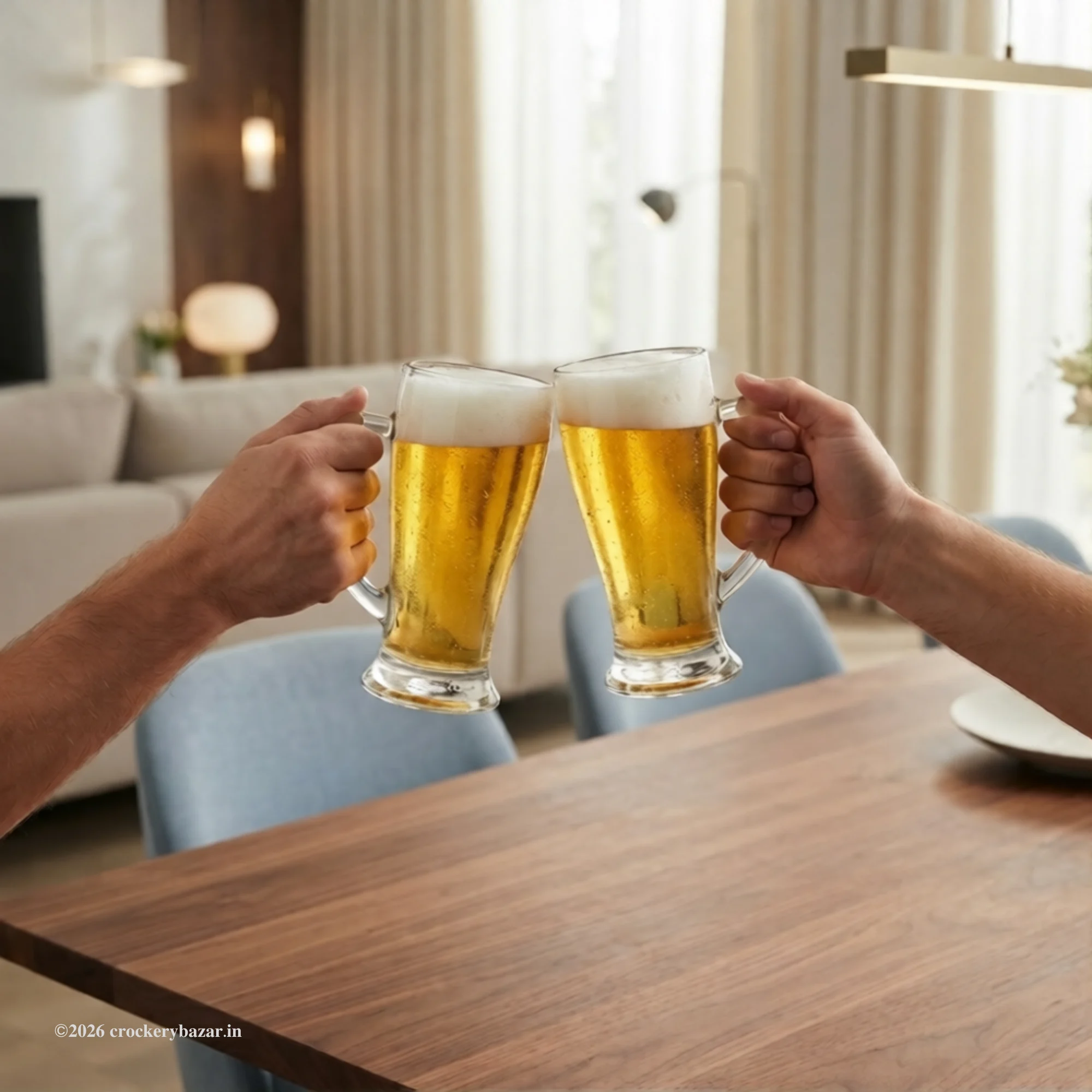 Two hands clinking two Bormioli Rocco Baveria unique glass beer mugs 400 ml filled with lager in a cheers toast over a dining table.