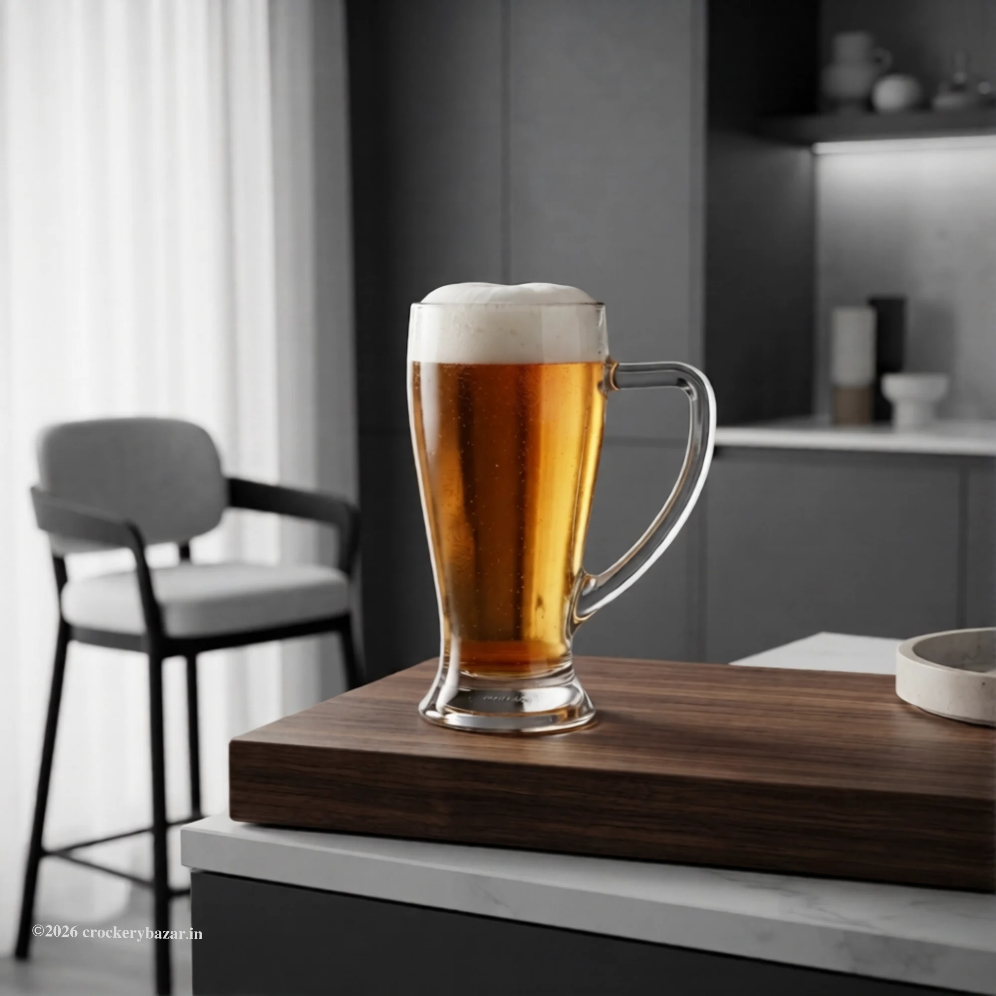 Single Bormioli Rocco Baveria unique glass beer mug 400 ml filled with amber lager on a wooden kitchen counter with a monochrome background.