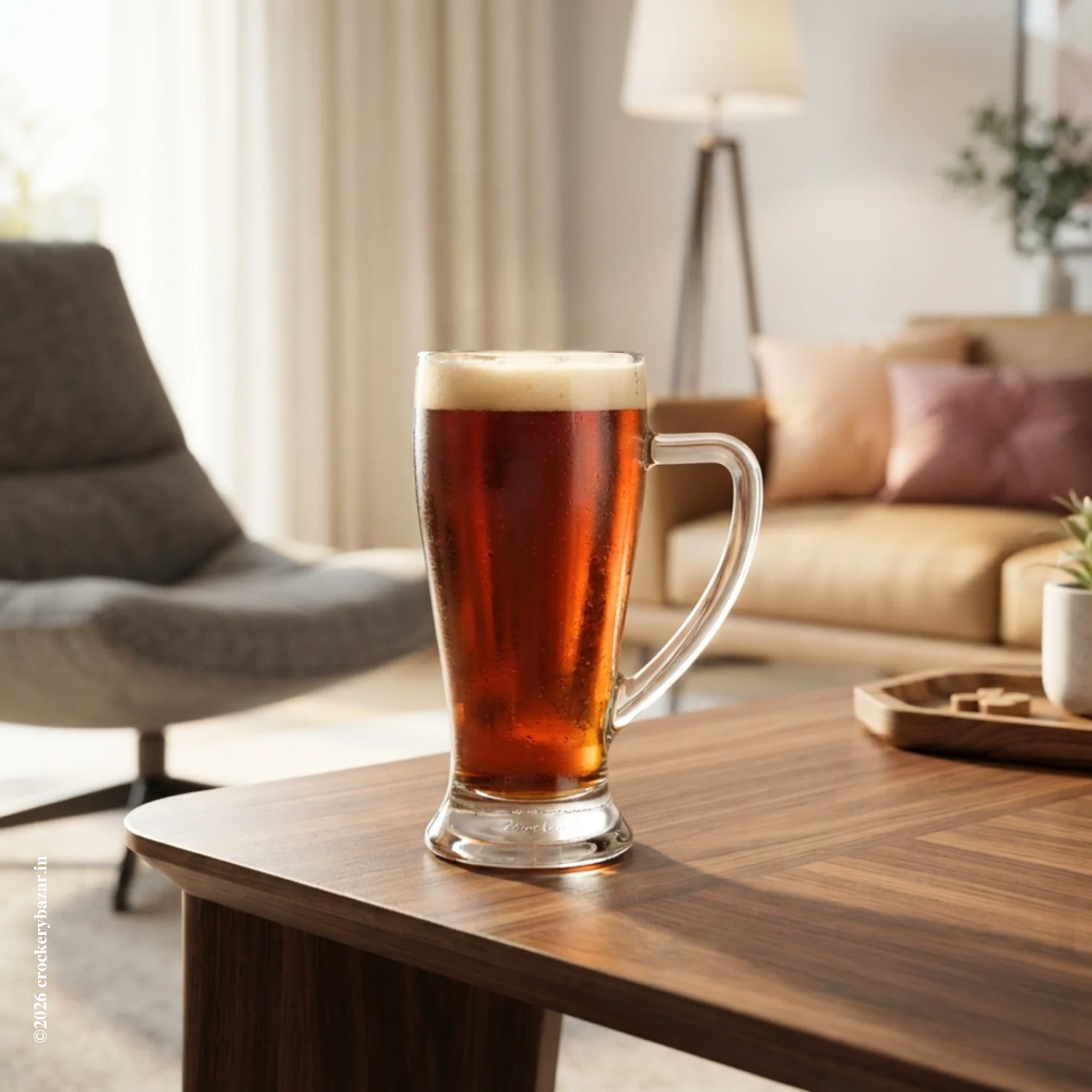 A single Bormioli Rocco Baveria unique glass beer mug 400 ml filled with amber ale on a dark wood coffee table in a sunlit living room.