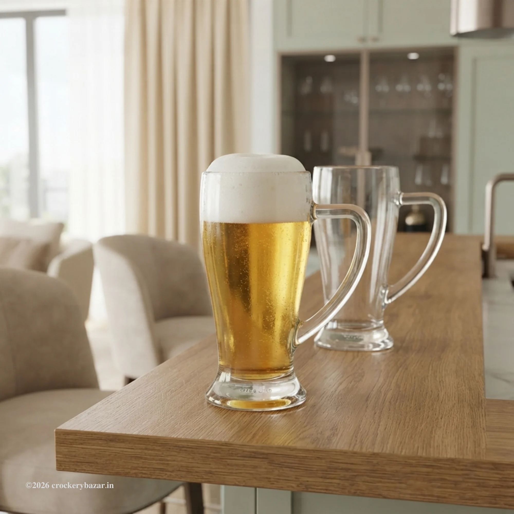 Bormioli Rocco Baveria unique glass beer mug 400 ml filled with lager next to an empty beer glass on a wooden bar counter.