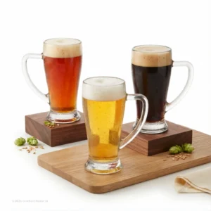 Three Bormioli Rocco Baveria unique glass beer mugs 400 ml with handles filled with different craft beers on wooden display blocks.