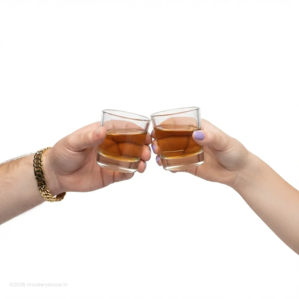 Bormioli Rocco Caravelle Mod 10 shot glasses set of 6 being toasted with amber spirits by two people.