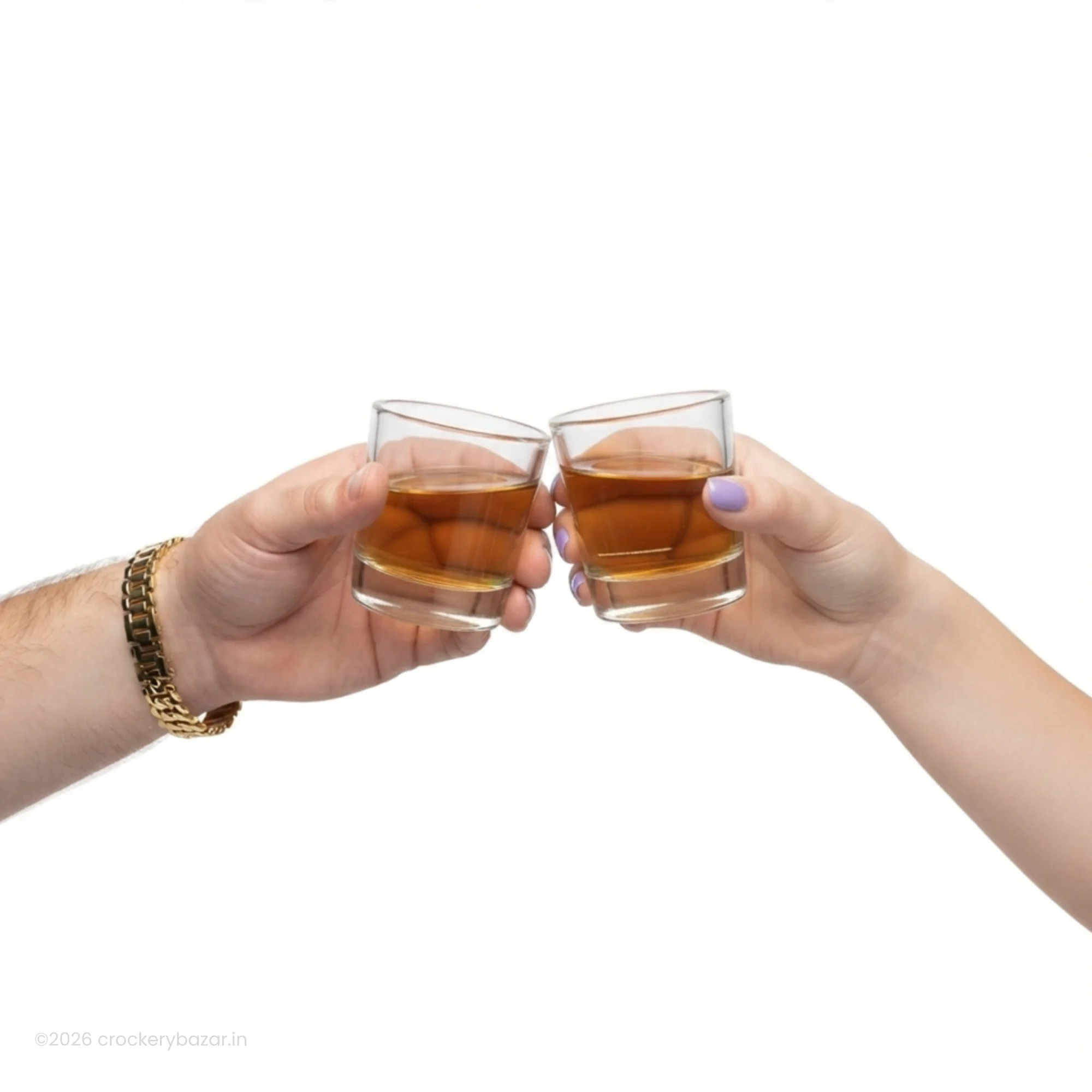 Bormioli Rocco Caravelle Mod 10 shot glasses set of 6 being toasted with amber spirits by two people.