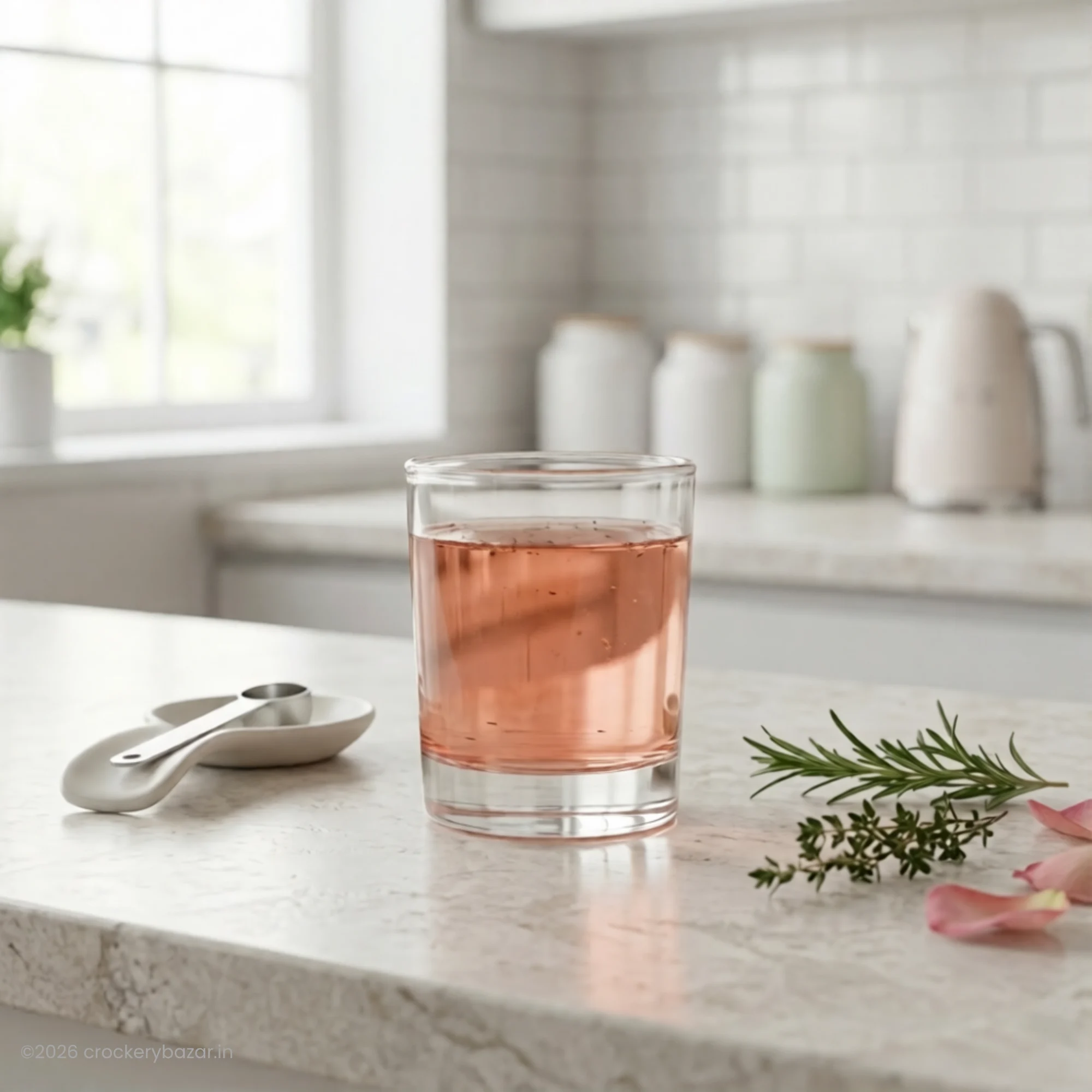 Bormioli Rocco Caravelle Mod 10 shot glasses set of 6 styled on a kitchen marble counter with herbs and rose petals for bachelorette party vibes.