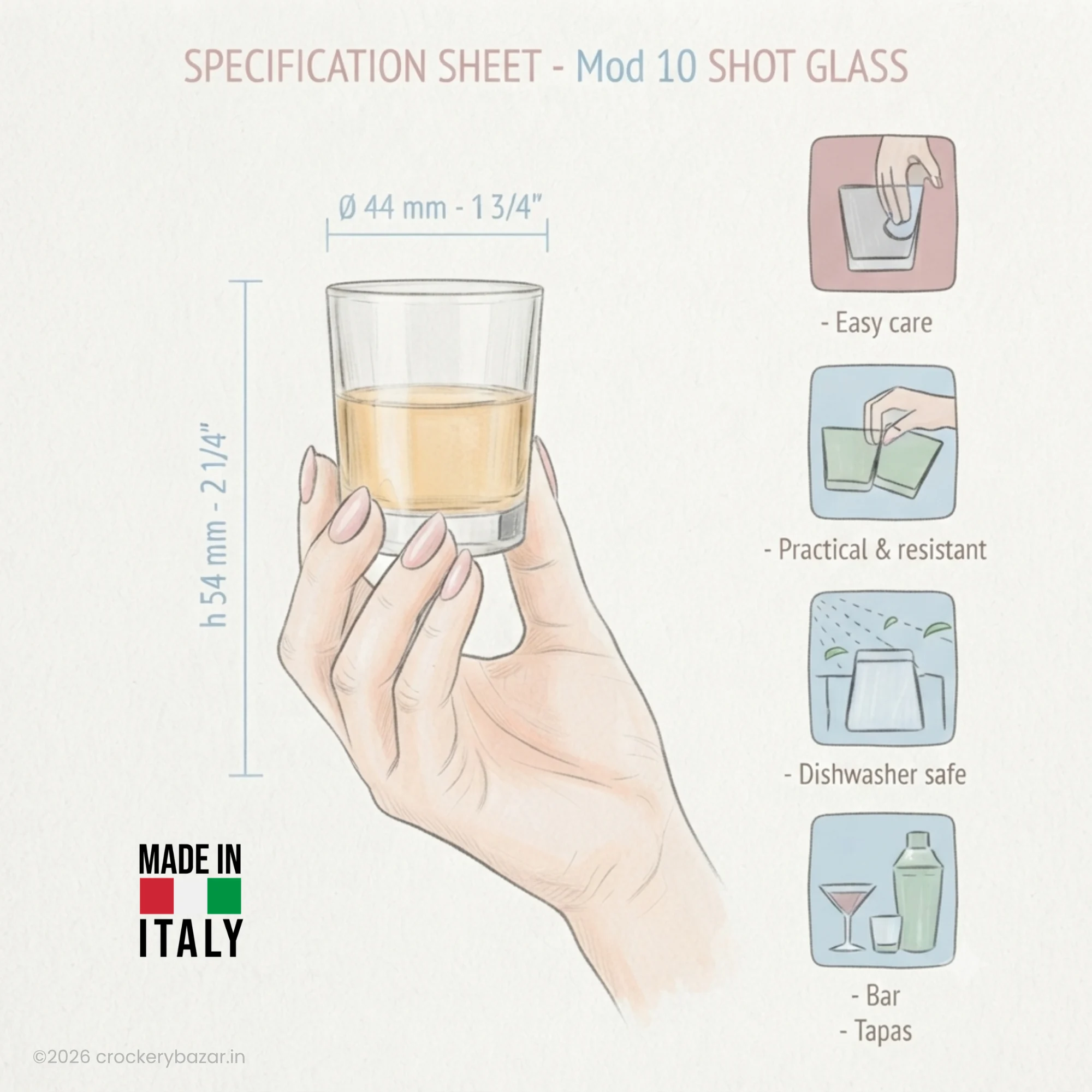 Bormioli Rocco Caravelle Mod 10 shot glasses set of 6 specification sheet showing size dimensions and care instructions.