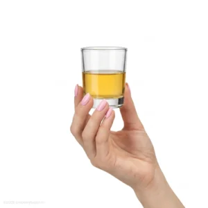 Hand holding a single 50ml Bormioli Rocco Caravelle Mod 10 shot glass filled with golden liquor, part of a shot glasses set of 6.