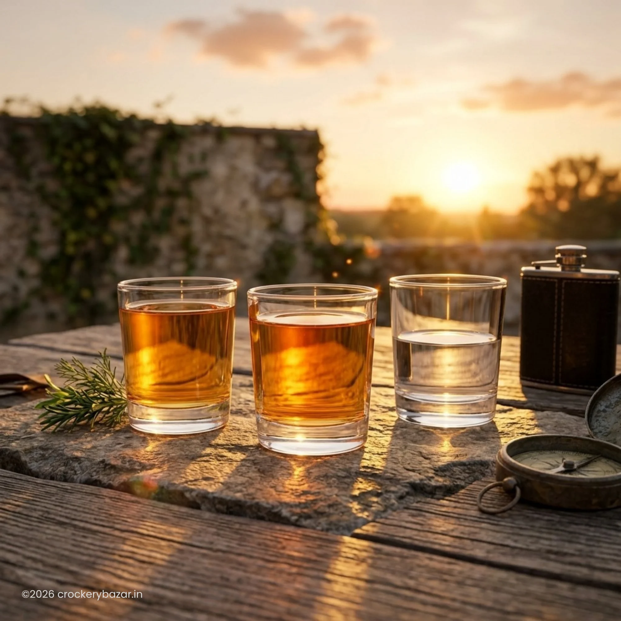 Heavy base 50ml liquor glasses filled with golden spirits arranged on a rustic outdoor stone table during sunset.